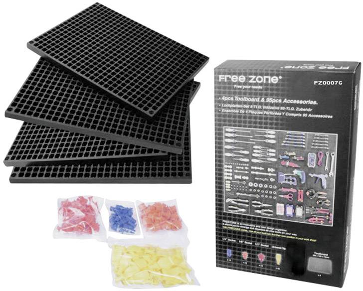 Vier schwarze Gittermatten, eine Verpackung mit verschiedenen Werkzeugen und Zubehör sowie vier Tüten mit farbigen Kabelbindern.