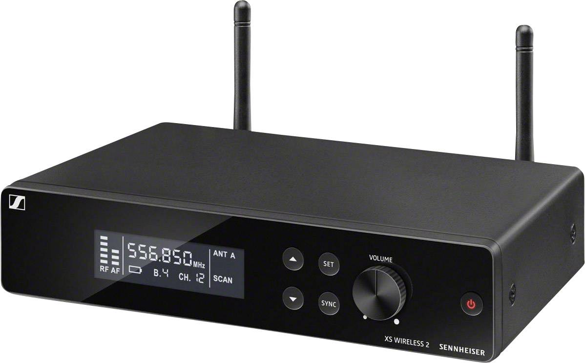 Schwarzer drahtloser Audioempfänger mit Display zeigt '556,850 MHz'. Zwei Antennen, Lautstärkeregler, Tasten für Einstellungen sichtbar.