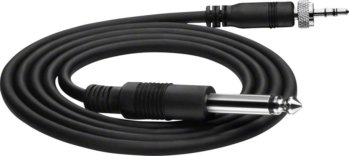 Ein schwarzes Audiokabel mit einem 3,5-mm-Klinkenstecker auf der einen und einem 6,35-mm-Klinkenstecker auf der anderen Seite.