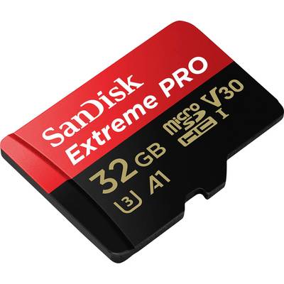 Eine rote und schwarze SanDisk Extreme PRO microSD-Karte mit 32 GB Speicherkapazität, V30, U3, A1 und UHS-I Kennzeichnung.