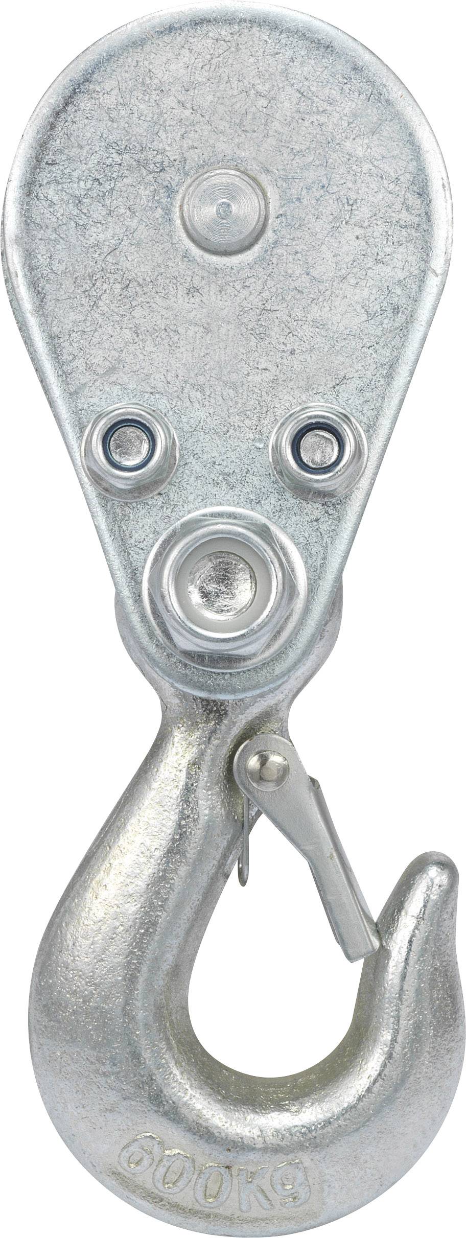 Ein silberner Metallhaken mit einer Rolle, wahrscheinlich ein Hebewerkzeug.