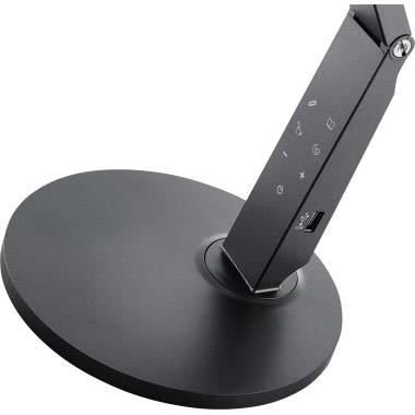 Schwarze Schreibtischlampe mit rundem Fuß, geneigtem Arm und Touch-Bedienfeld mit Symbolen für Lichtsteuerung.