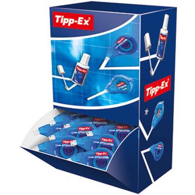 Ein Aufsteller mit verschiedenen Tipp-Ex-Produkten, darunter Korrekturroller und Korrekturflüssigkeit, in Blau-Weiß präsentiert.