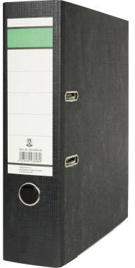 Ein schwarzer Aktenordner mit Etikett auf der Seite, das eine grüne Linie oben enthält.