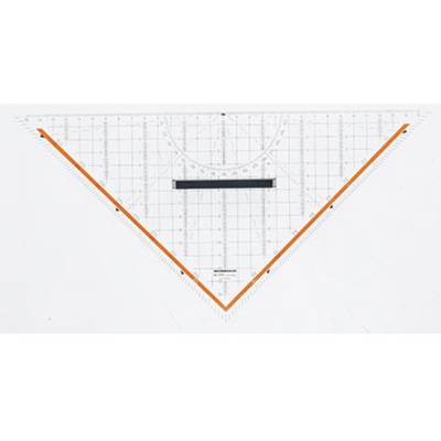 Ein transparentes Geodreieck mit orangenen Linien an den Seiten und schwarzen Markierungen, verwendet zum Messen und Zeichnen.
