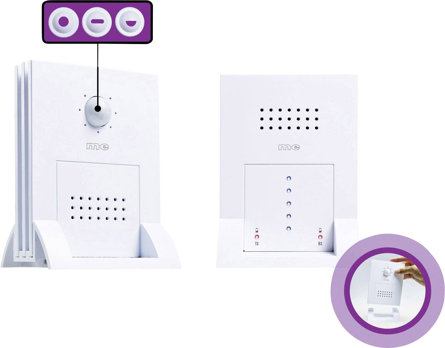 Türkommunikationssystem mit Lautsprecher und Mikrofon. Links zeigt Details des Mikrofons, rechts ein Bedienfeld mit Kontrollleuchten.