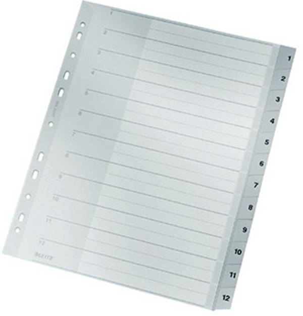 Leitz 1282 Register DIN A4, Überbreite 1-12 Polypropylen Grau 12 Registerblätter  12820000