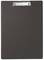 Ein schwarzes Klemmbrett mit einer silbernen Klemme oben, auf der Vorderseite ist keine Papierseite eingeklemmt.