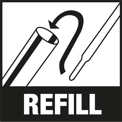 'Nachfüllsymbol: Geöffnete Stiftspitze mit Pfeil zum Nachfüllen, daneben ein längliches Objekt. Text unten: REFILL.'
