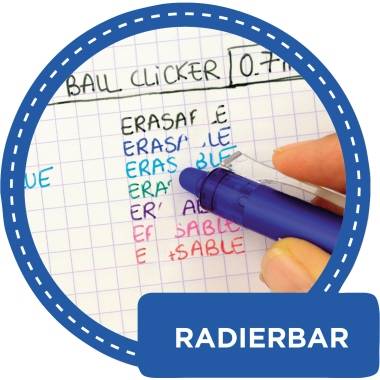 Ein Stift radiert farbige Handschrift auf kariertem Papier, begleitet von einem 'Radierbar'-Hinweis.