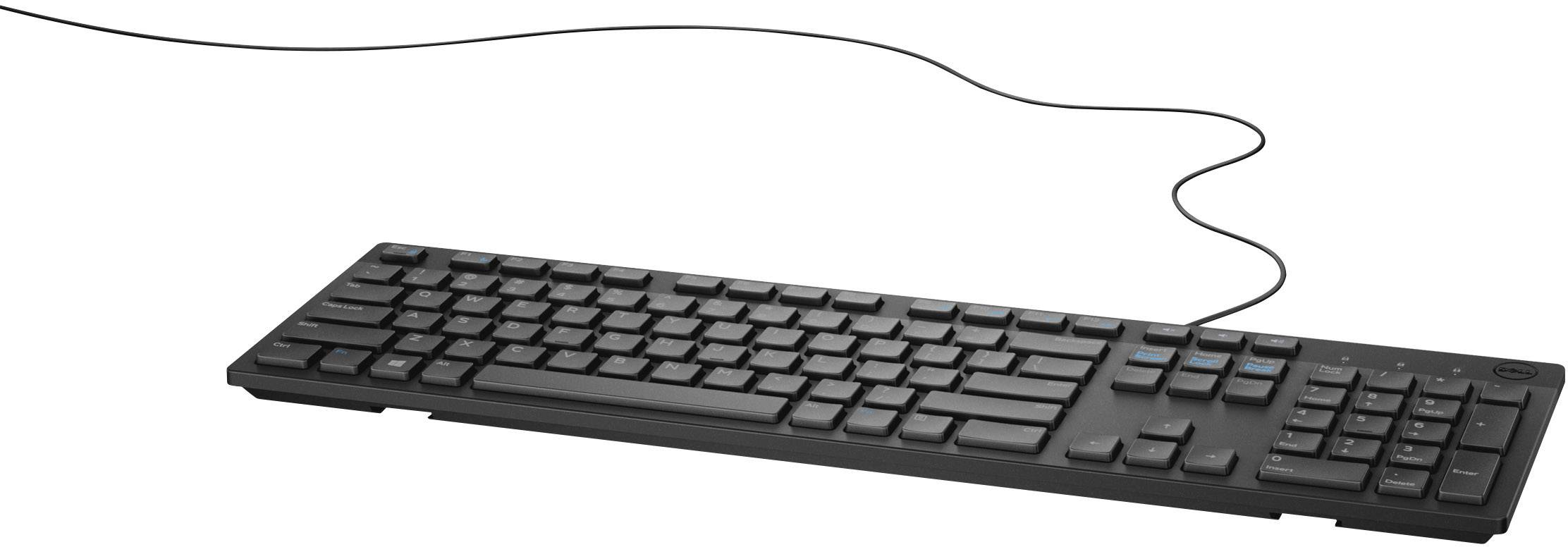 Eine schwarze, kabelgebundene Computer-Tastatur mit vollständigen Tastenlayout, Funktionstasten und Nummernblock.