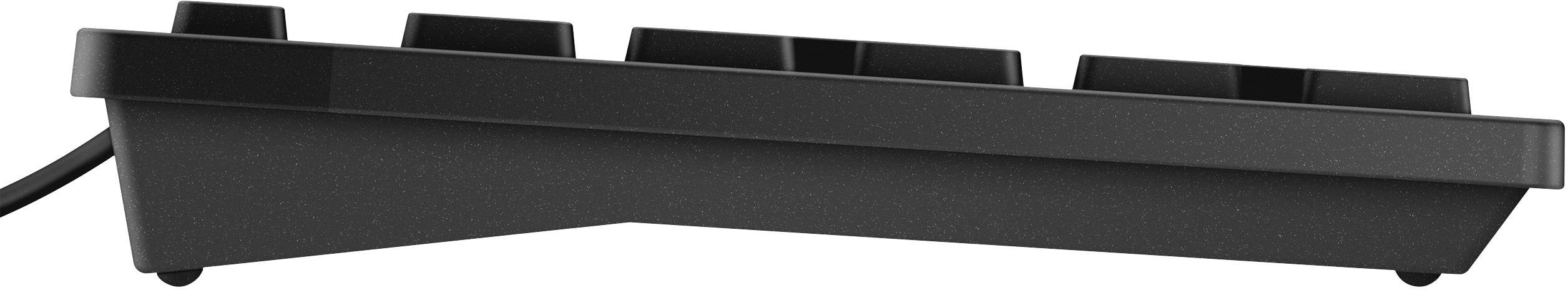 Seitenansicht einer schwarzen, flachen Computertastatur, bei der die Tasten leicht geneigt sind.