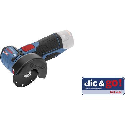 Kompaktes, kabelloses Bosch-Werkzeug mit rundem Sägeblatt. Rechts unten ein Logo mit der Aufschrift 'clic & go! 10,8 Volt'.