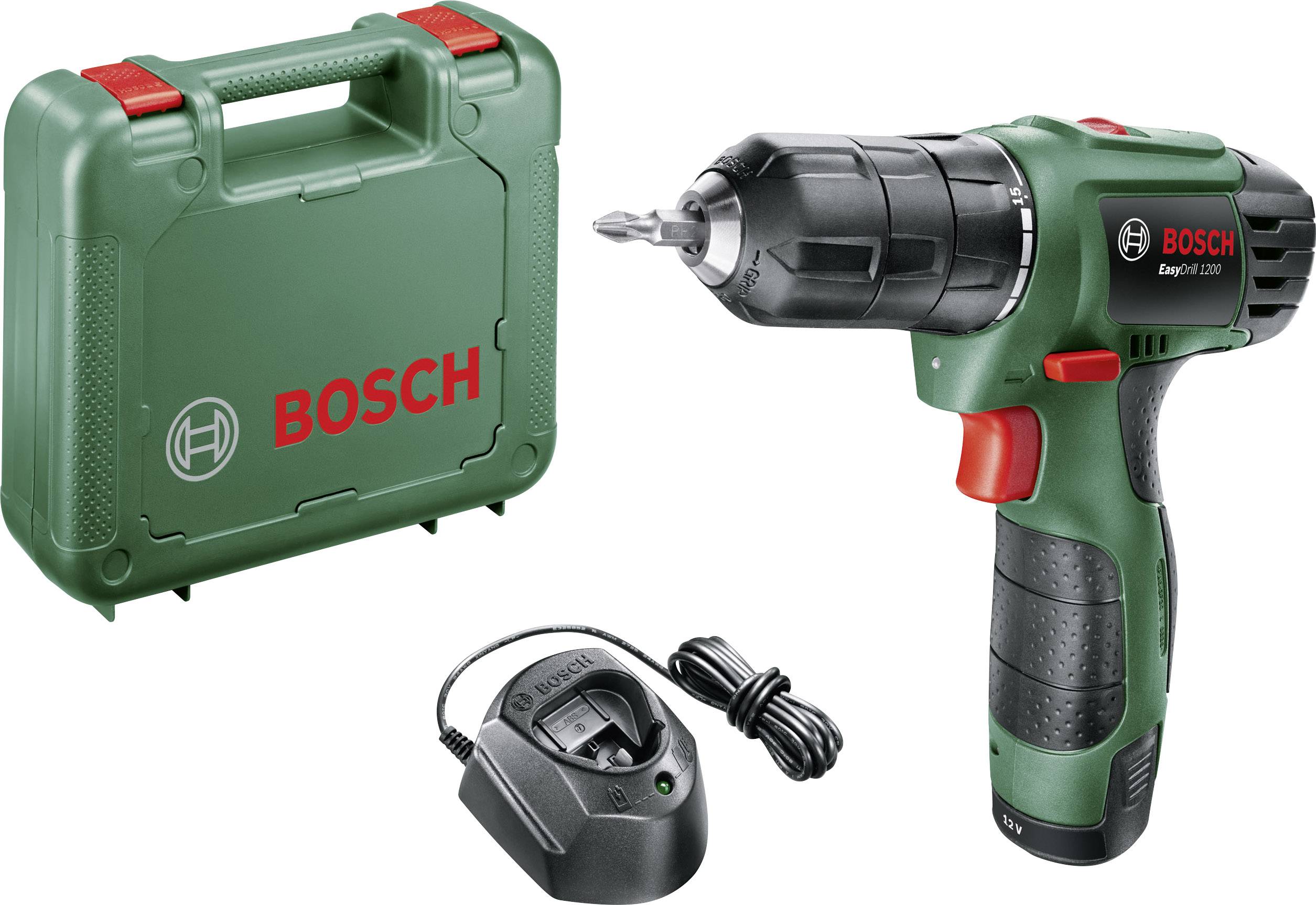 Akkuschrauber-Set mit grünem Bosch Koffer, Ladegerät und kabelloser Bohrmaschine.
