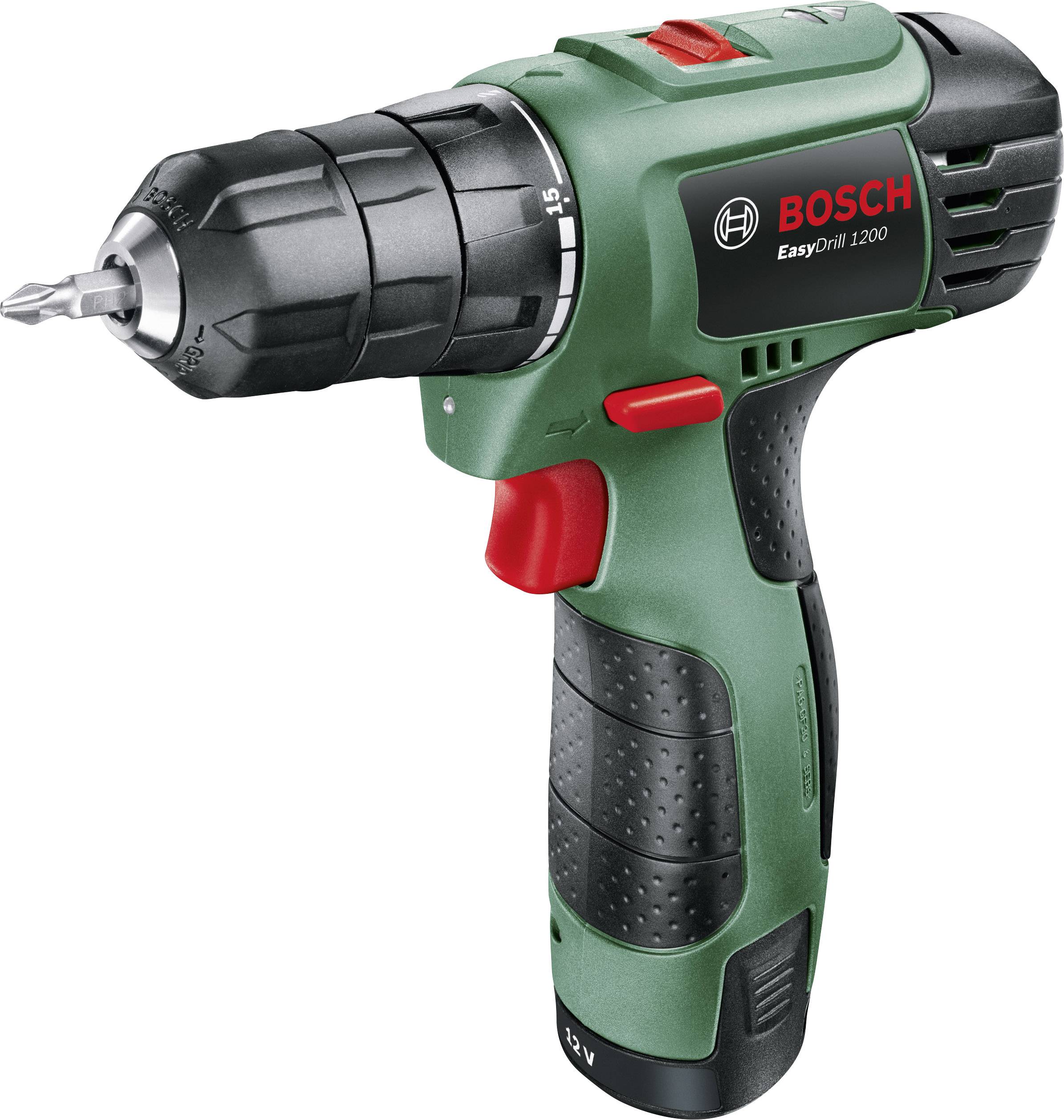Akkubohrmaschine der Marke Bosch, Modell EasyDrill 1200, grün mit schwarzem Griff und rotem Schalter, geeignet für leichte Bohrarbeiten.