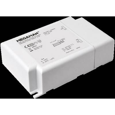Ein weißer LED-Treiber von Megaman, Modell LED280350, geeignet für 50/60 Hz und 350 mA mit CE- und RoHS-Kennzeichnung.