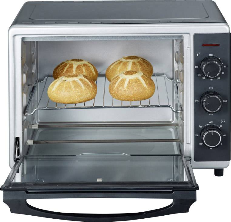 Vier goldene Brötchen im Mini-Ofen mit geöffneter Klappe. Temperatur- und Zeiteinstellungen rechts sichtbar.