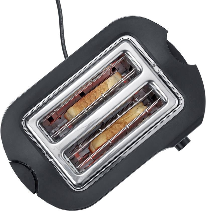 Brottoaster von oben mit zwei Scheiben getoastetem Brot, sichtbar durch die Heizstäbe im Gerät.