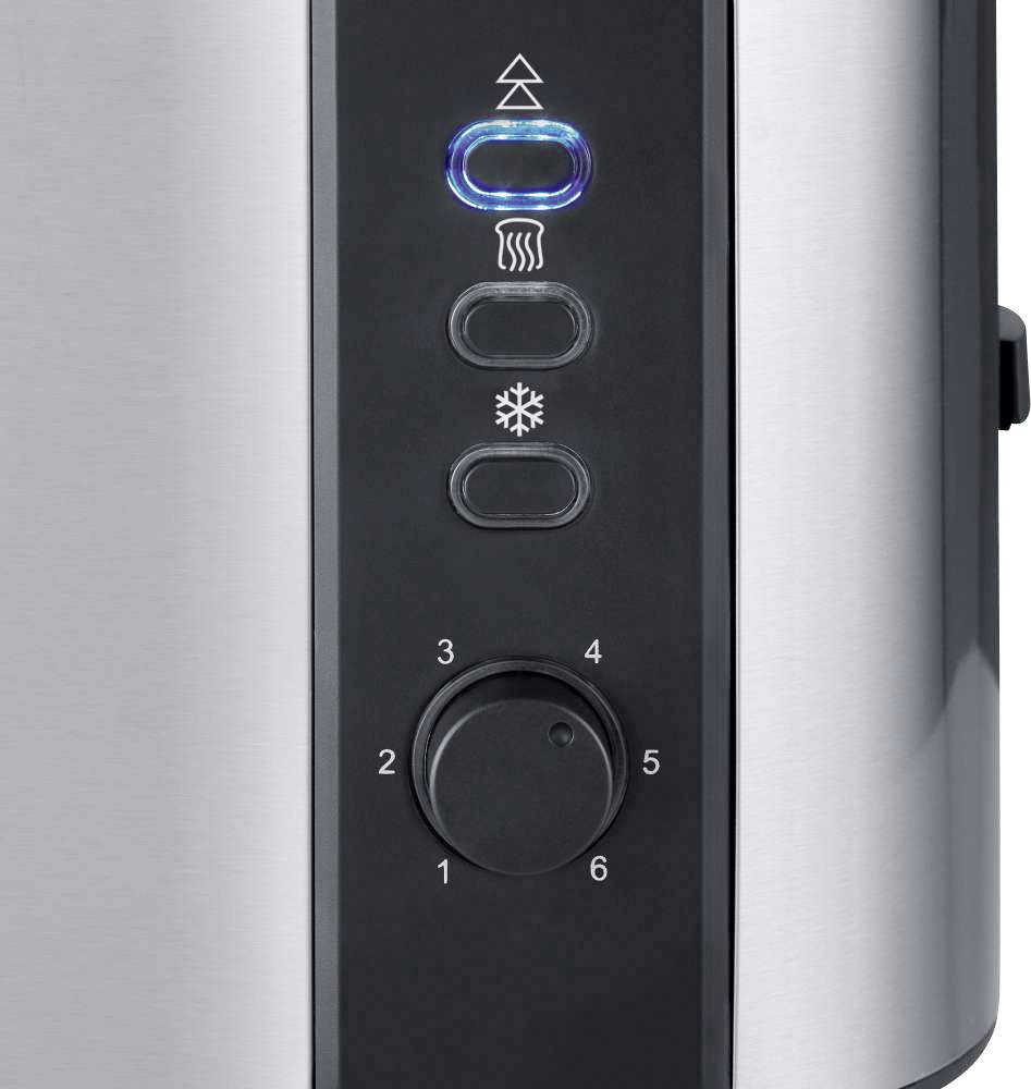 Es wird ein Bedienfeld eines Ofens gezeigt, mit Symbolen für Heizen, Auftauen und Kühlen, und einem Drehregler von 1 bis 6.