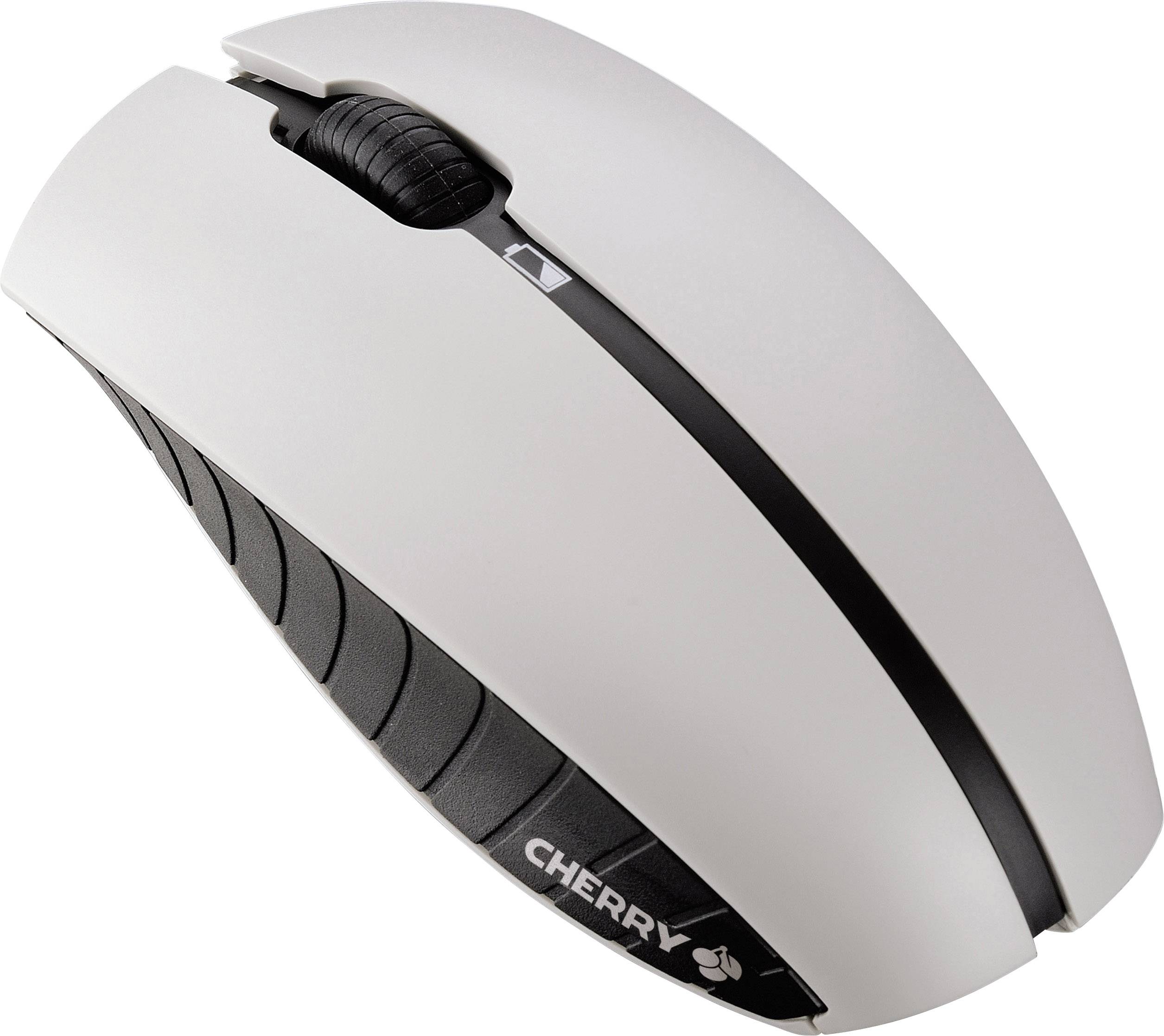Weiße Computermaus mit schwarzem Scrollrad, seitlich 'Cherry'-Logo; ergonomisches Design für besseren Halt.