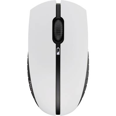 Weiße Computermaus mit schwarzem Scrollrad und seitlichen Griffen. Ein kleiner Batteriestandanzeiger ist oberhalb des Rads sichtbar.