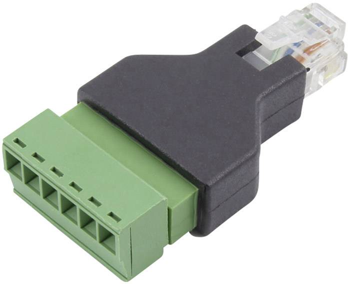 Ein Adapter mit grünem Steckanschluss und transparentem RJ45-Stecker, verwendet zur Verbindung von Kabeln in Netzwerkanwendungen.