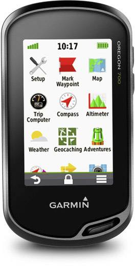 Tragbares GPS-Gerät mit Touchscreen zeigt Symbole für Einstellungen, Wegpunkt-Markierung, Karten, Kompass, Höhenmesser, Wetter, Geocaching und mehr.