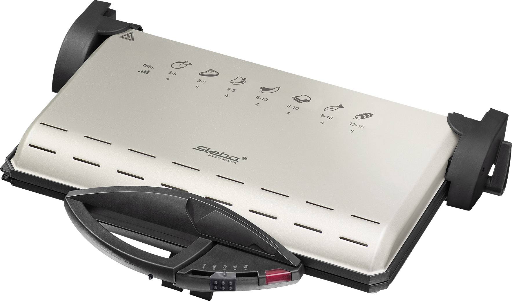 Silberner Kontaktgrill mit schwarzem Griff, Symbole für verschiedene Lebensmittel auf der Oberseite, Hebel zur Temperatureinstellung.