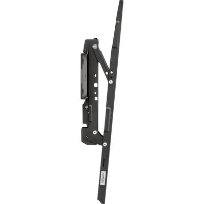 Eine schwarze, flache Montagestange mit Scharnier, seitlicher Ansicht, zeigt mechanische Details und Schraubstellen.