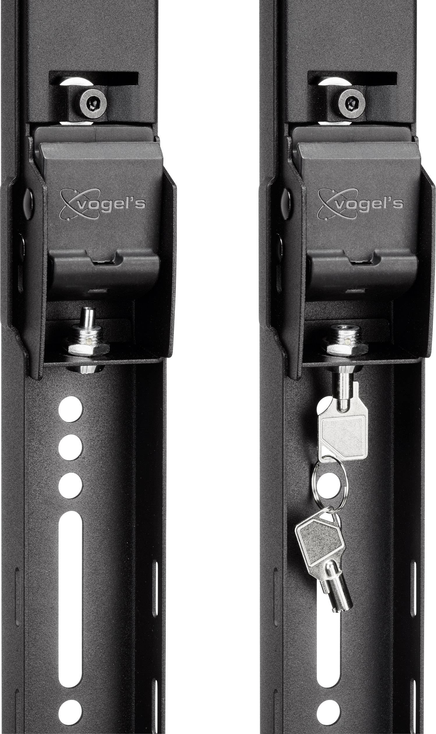 Zwei schwarze Metallhalterungen mit einem Sicherheitsschloss und Schlüsseln, die vertikale Befestigungsschlitze und das Logo 'Vogel's'.