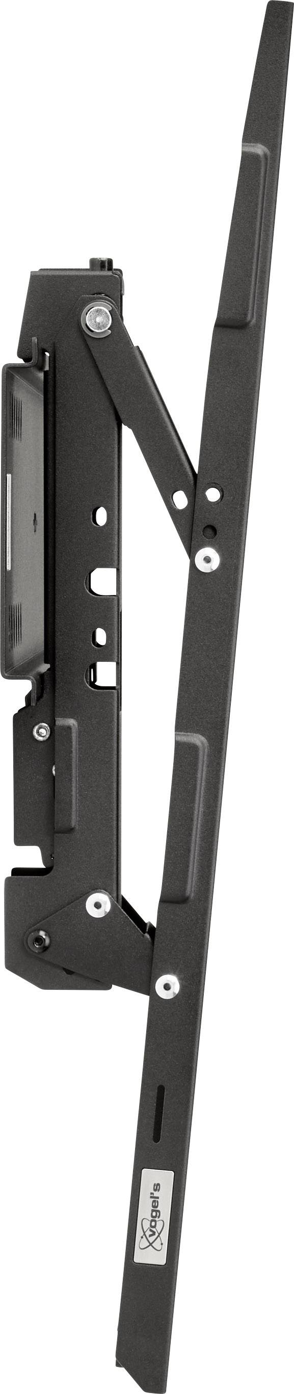 Schwarze Metallhalterung, seitliche Ansicht. Eignet sich zur Befestigung von Gegenständen. Enthält bewegliche Teile für Anpassung.
