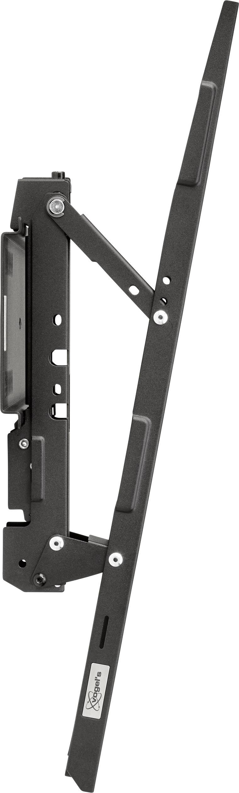 Ein schwarzer, mechanischer Bauteil einer Halterung, vertikal ausgerichtet. Links ein beweglicher Arm mit Gelenk.