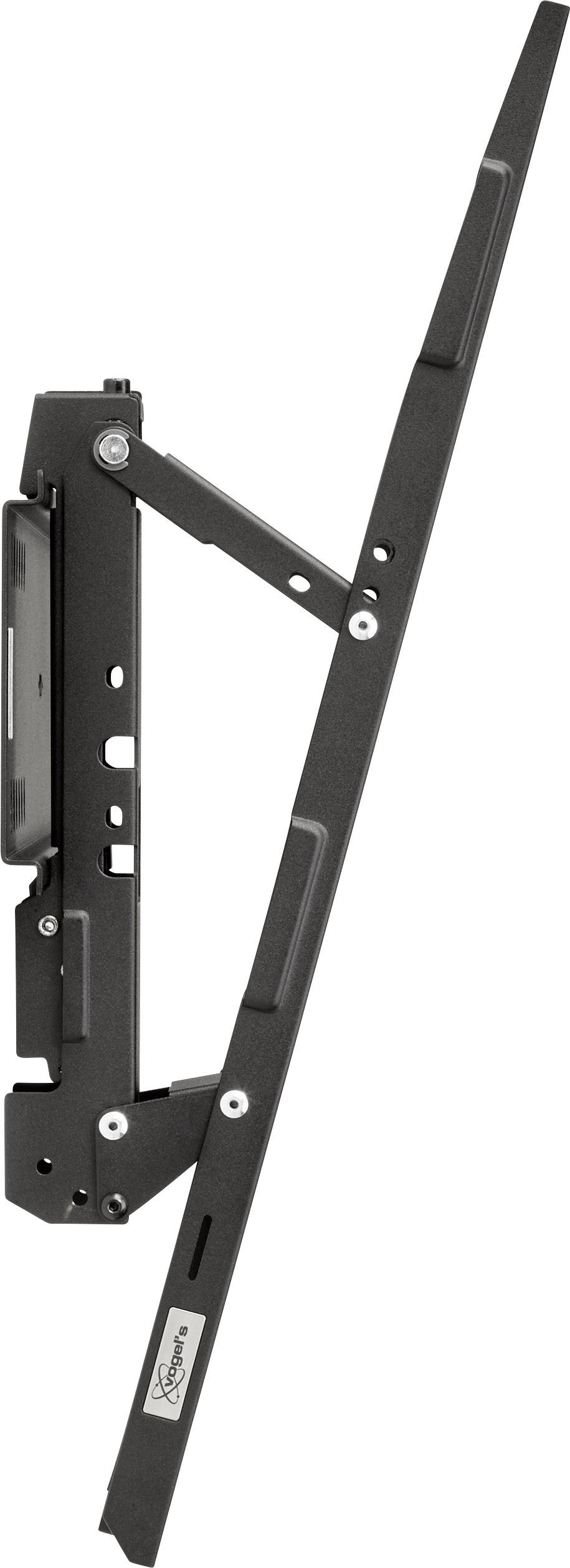 Seitenansicht einer schwarzen Halterung mit Gelenkmechanismus und Befestigungspunkten, geeignet für die Wandmontage von Großbildschirmen.