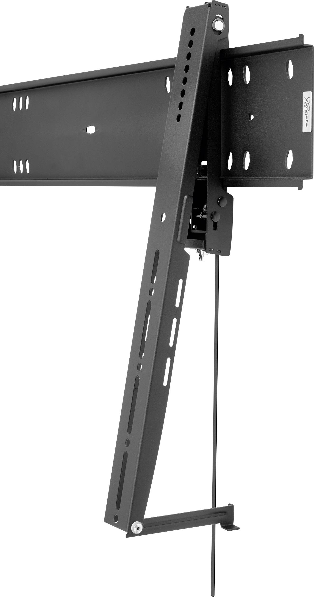 Wandhalterung für Fernseher mit verstellbarem Arm. Die Halterung ist in der Lage, den Bildschirm in verschiedenen Winkeln zu neigen.