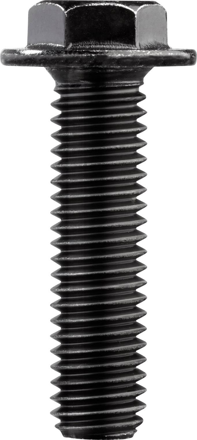 Eine schwarze Schraube mit sechseckigem Kopf und Gewinde, vertikal ausgerichtet.