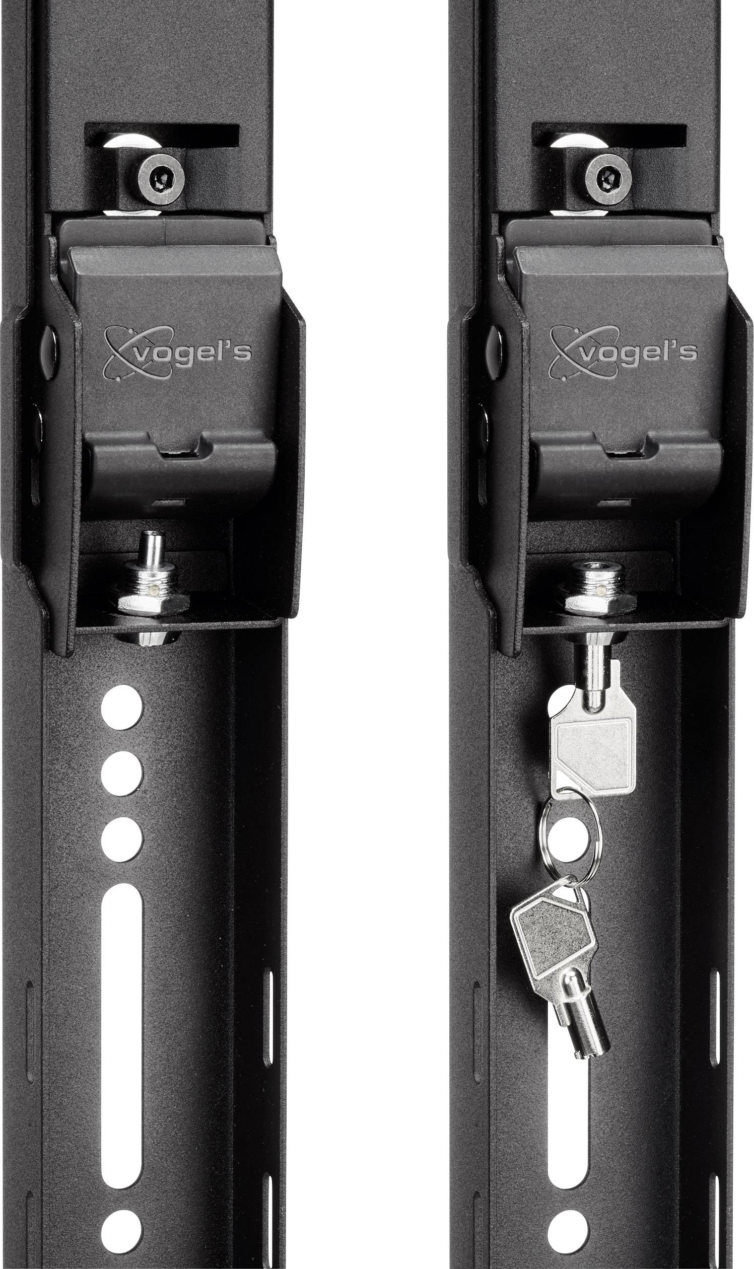 Zwei schwarze vertikale Halterungen mit Schloss und Schlüsseln, geeignet zur Befestigung und sicheren Montage von Geräten.