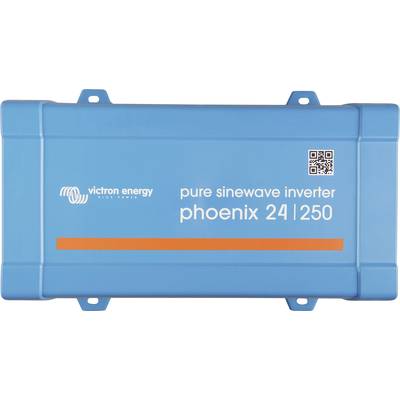 Blauer Kasten mit Aufschrift 'victron energy pure sinewave inverter phoenix 24 | 250' und QR-Code oben rechts.