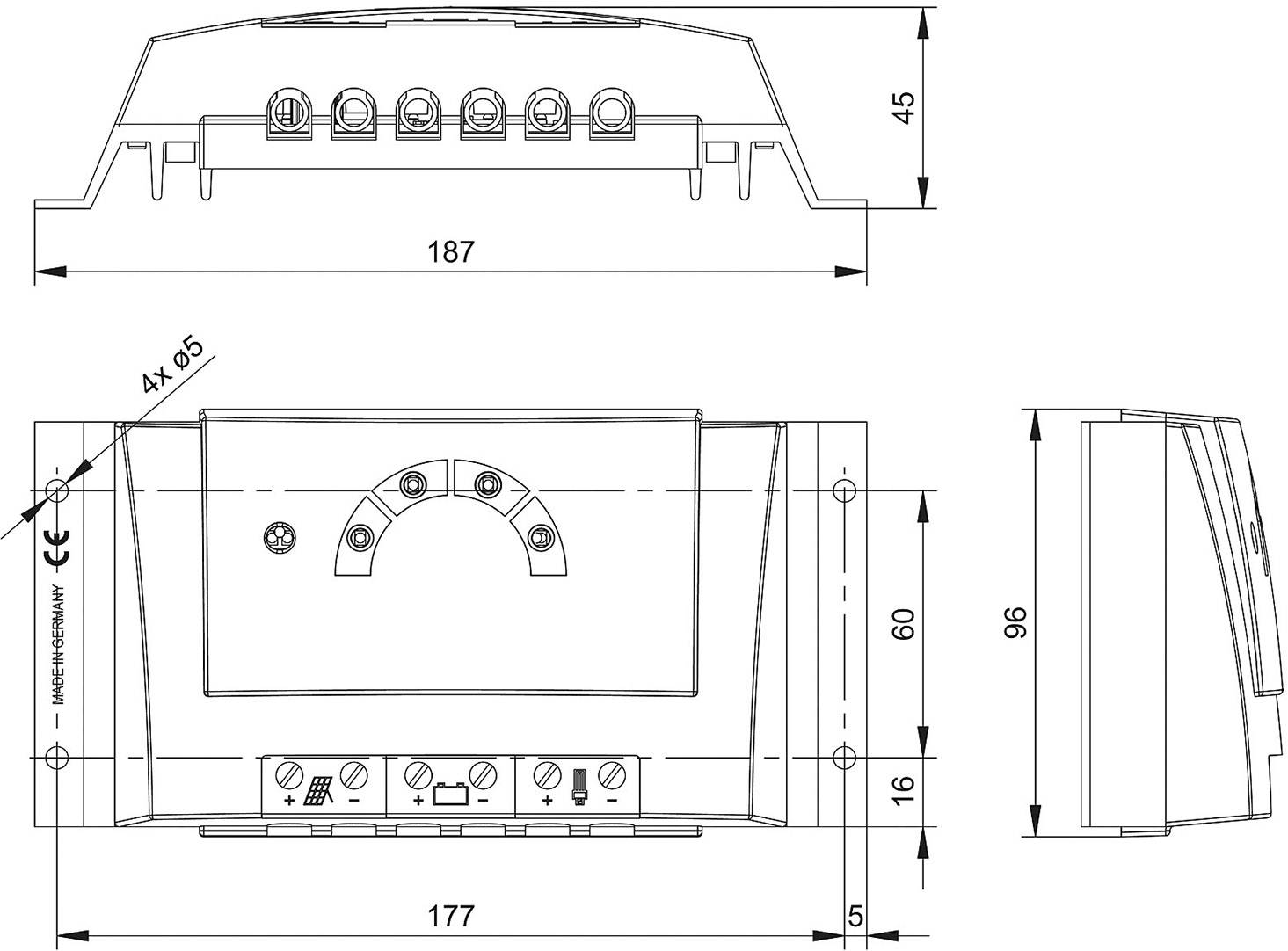'Technische Zeichnung eines elektronischen Gerätes mit Abmessungen: Breite 187 mm, Höhe 45 mm. Vorder-, Seiten- und Draufsicht sind dargestellt.'