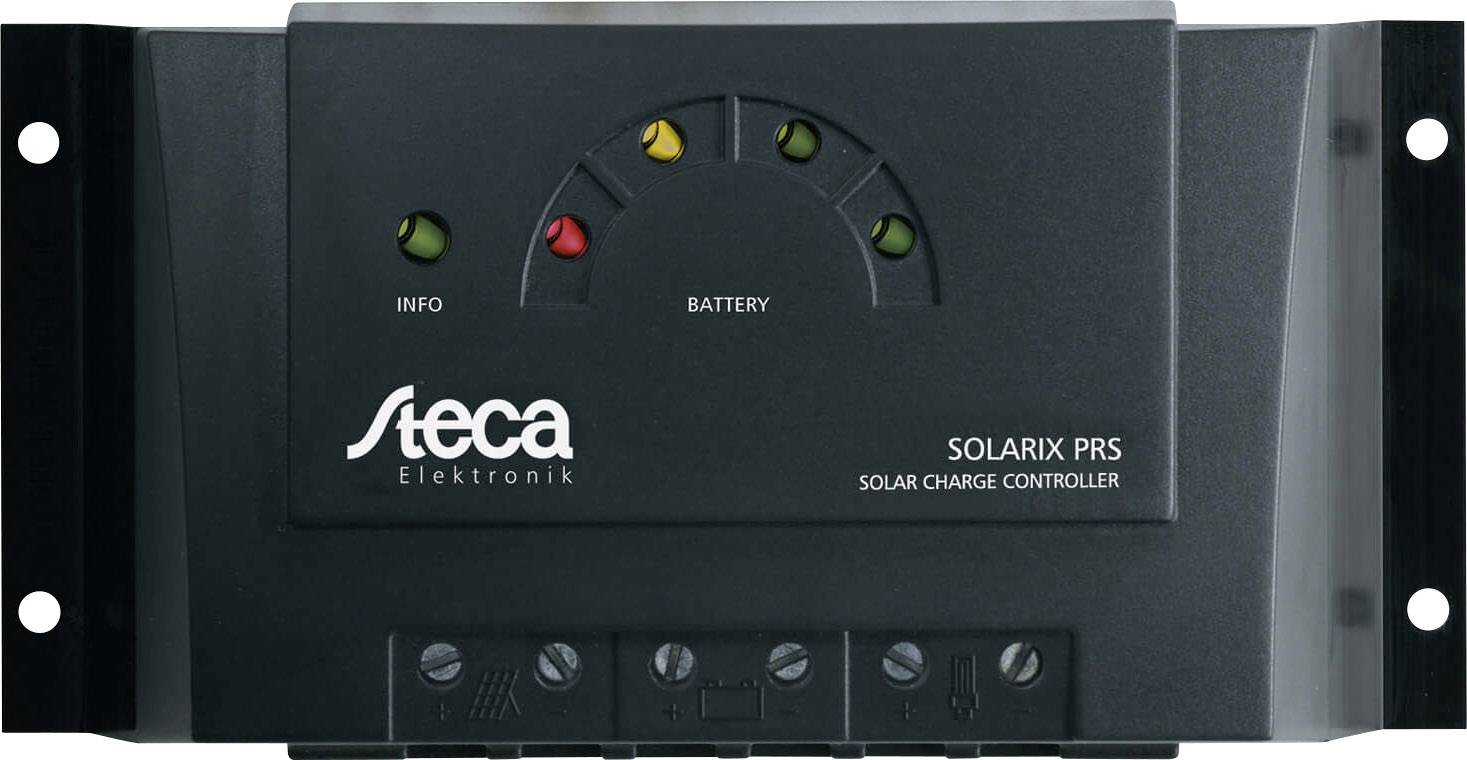'Steca Solarix PRS' Solar-Laderegler mit LED-Anzeigen für Info und Batterie.