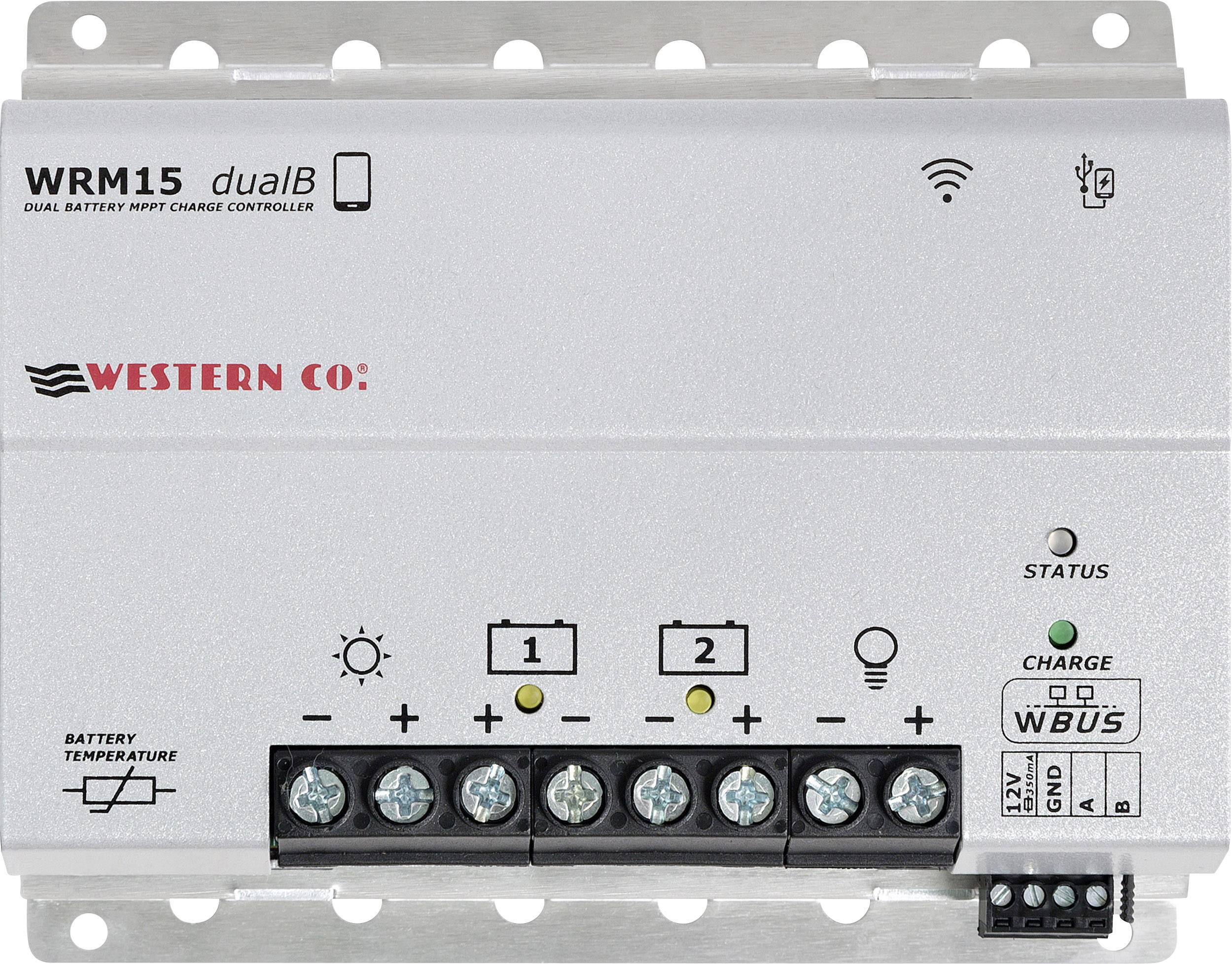 Ladegerät für Solarbatterien mit Anzeigeleuchten und Anschlussklemmen. Herstellerlogo oben links und technische Symbole aufgedruckt.