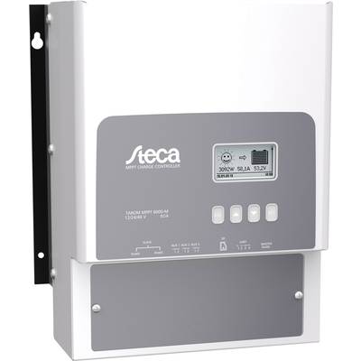 Ladecontroller mit LCD-Anzeige und mehreren Anschlussports. Anzeige zeigt '309W 56,1A 53,2V'. Modell: Steca Tarom MPPT 6000-M.
