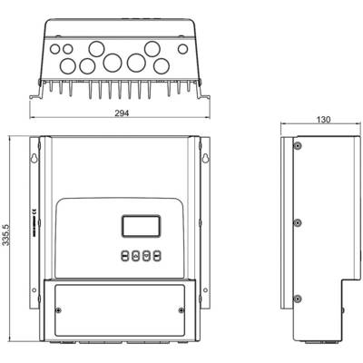 Technische Zeichnung eines elektrischen Geräts mit Abmessungen: Breite 294 mm, Tiefe 130 mm, Höhe 335 mm. Vorder- und Seitenansicht.