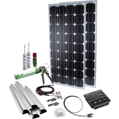 Solaranlagen-Kit mit zwei Solarpaneelen, Installationszubehör, Kabeln und Steuergerät, zur eigenständigen Stromerzeugung.