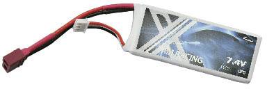 LiPo-Akku mit Kabeln, 7,4 V, geeignet für RC-Modelle. Abgebildet in einem weißen Gehäuse mit blauem Designmotiv.