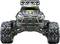 Ferngesteuertes Monstertruck-Spielzeugauto in Schwarz und Grün mit großen Reifen und Scheinwerfern, von vorne gesehen.