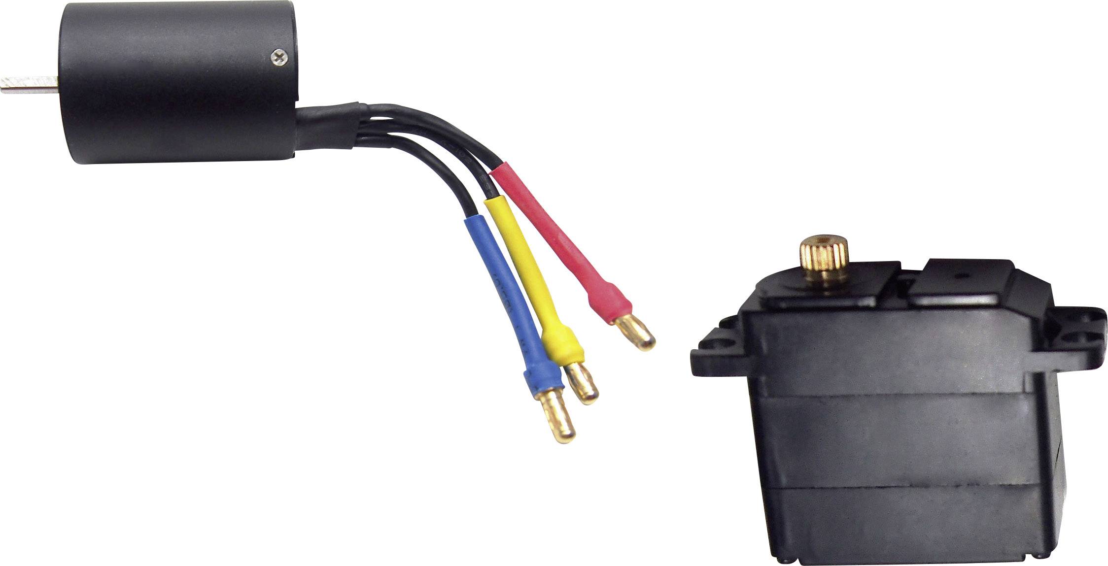 Ein Elektromotor mit drei farbigen Kabeln (schwarz, blau, gelb, rot) neben einem schwarzen Servogetriebe mit goldenem Zahnrad.