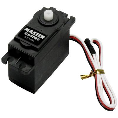 Schwarzes Servomotor-Modul mit dem Aufdruck 'MASTER DS4020'. Es hat ein angeschlossenes weißes und rotes Kabel mit Stecker.