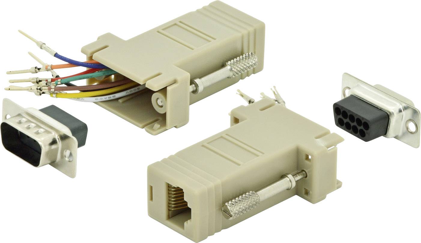 Drei beige Adapter mit Kabeln und Anschlüssen. Zwei Adapter sind geöffnet und zeigen bunte Drähte; ein Adapter ist geschlossen.