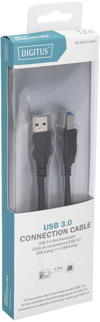 Ein USB 3.0 Verbindungskabel von DIGITUS in einer Verpackung, geeignet für Datenübertragung zwischen Geräten mit passendem Anschluss.