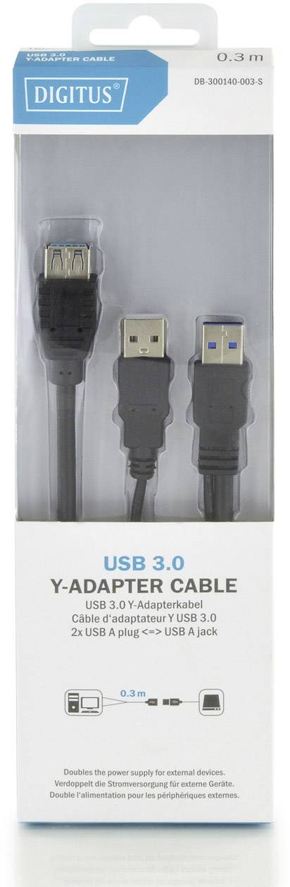 Eine Verpackung mit einem 'USB 3.0 Y-Adapterkabel', das zwei USB-A-Stecker zu einer USB-A-Buchse verbindet. Länge: 0,3 m.